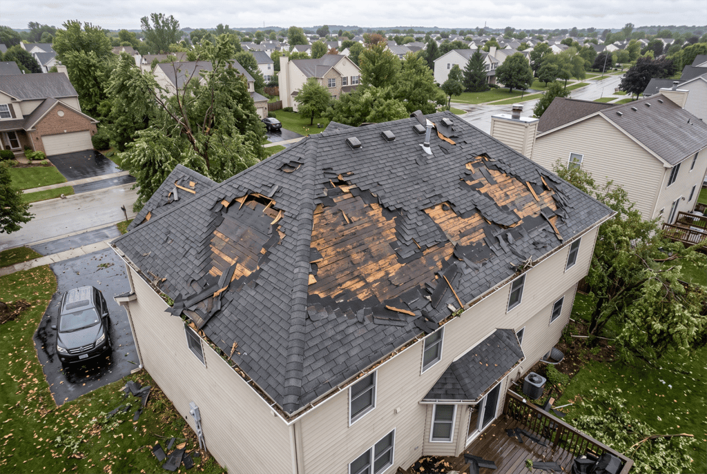 Aerial view showing storm-damaged roof with multiple missing shingle sections or noticeable damage