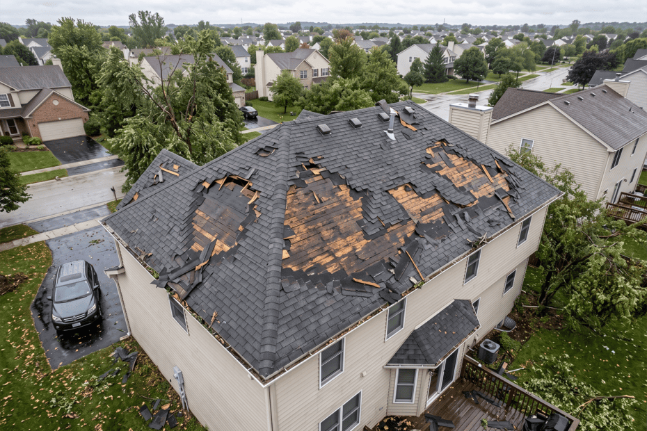 Aerial view showing storm-damaged roof with multiple missing shingle sections or noticeable damage