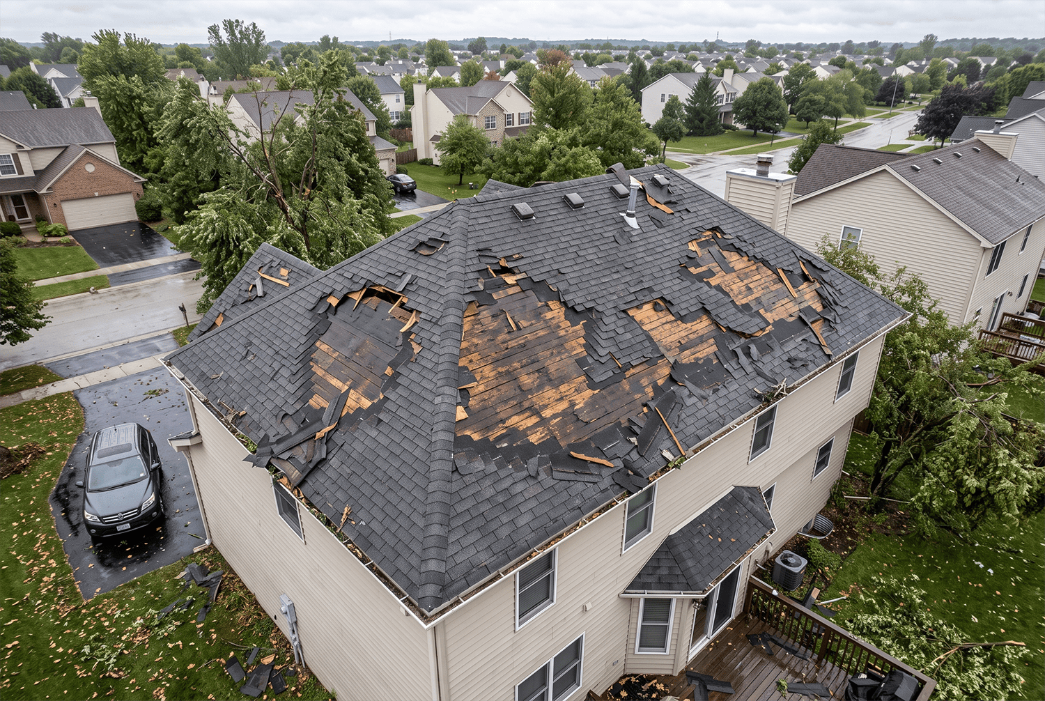 Aerial view showing storm-damaged roof with multiple missing shingle sections or noticeable damage