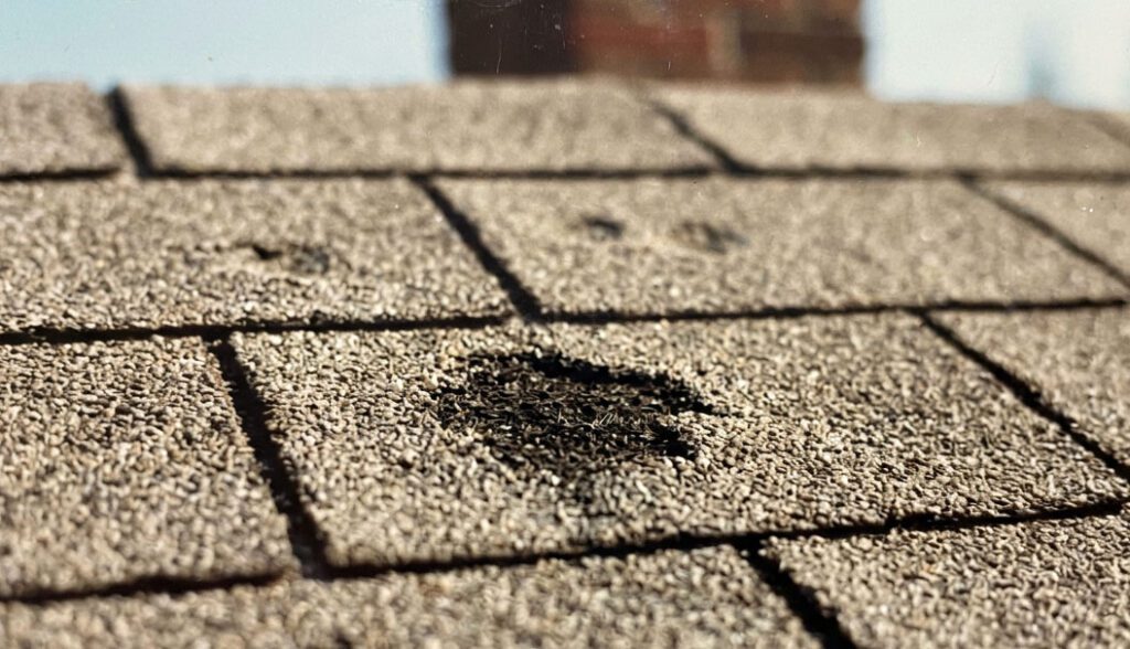 Close-up of granule loss on an asphalt shingle, showing the exposed mat underneath on a roof